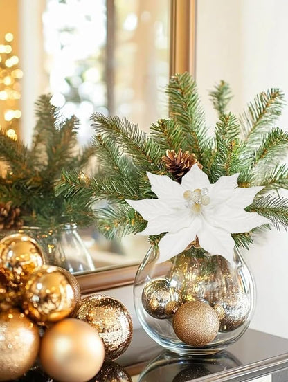 Hollyone 3PCS Poinsettia Christmas Flowers Artificial 11" Large White Glitter Poinsettia Flowers Christmas Tree Ornaments Floral Picks for Tree Wreath Garland Vase Table Centerpiece Home Deco
