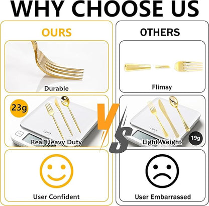 Rubtlamp 90Pcs Christmas Gold Plastic Silverware, Gold Disposable Christmas Utensils, Hammered Plastic Silverware, Gold Plastic Forks And Spoons Set Include 30 Forks, 30 Knives,30 Spoons