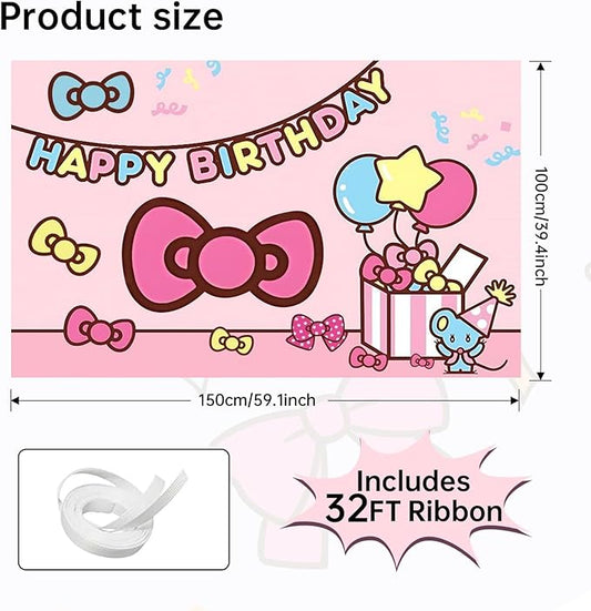 3x5ft Pink Bow Birthday Backdrop, Happy Birthday Decoration Background, Cute Cartoon Cat Theme Party Supplies Outdoor Indoor Photo Banner