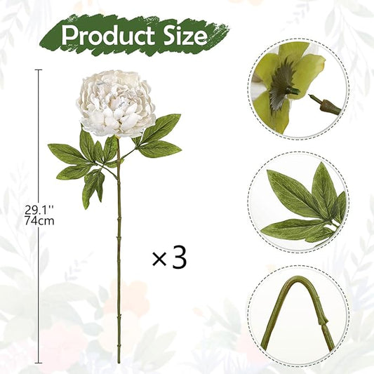 Briful 3PCS White Peony Artificial Flower Stems 29.1in Long Stem Fake Peonies Silk Floral Arrangement Real Touch Peony Flower for Christmas Home Vase Party Wedding Bouquet Decor