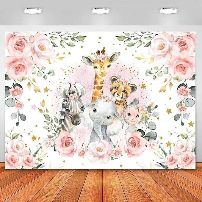 Sensfun Jungle Safari Baby Shower Backdrop It's A Girl Pink Floral Zoo Animals Baby Shower Party Decorations Wild One Birthday Photography Background Cake Table Banner Supplies (5x3ft)