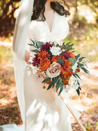 Rinlong 12.5 Inch Fall Wedding Bouquets for Bride Burnt Orange Bridal Bouquet for Wedding Artificial Terracotta Bouquets Boho Silk Flowers for Wedding Ceremony