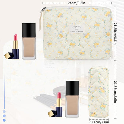 Floral Makeup Bag, Small Cosmetic Bag for Women Girls, Cute Cotton Makeup Bag, Quilted Makeup Bags, Flower Travel Toiletry Organizer Bag(Yellow Flowers)