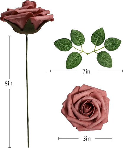 DuHouse 25Pcs Artificial Roses Flowers Fake Rose with Stems Real Touch Foam Flowers for DIY Wedding Bouquet Baby Shower Centerpiece Floral Arrangement Party Home Decor(Dusty Rose)