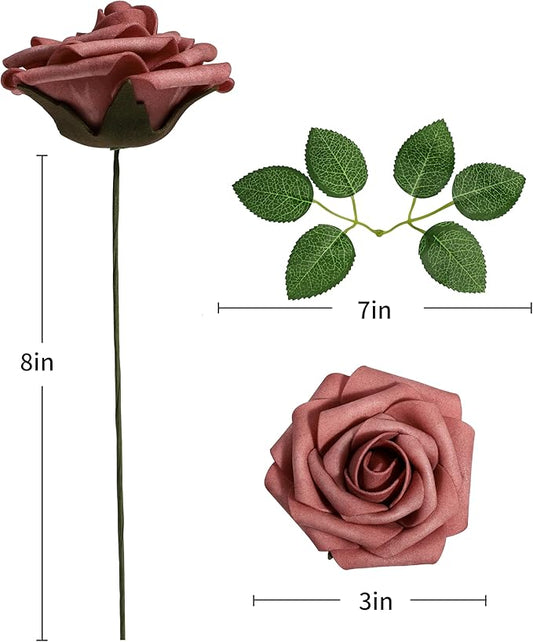 DuHouse 25Pcs Artificial Roses Flowers Fake Rose with Stems Real Touch Foam Flowers for DIY Wedding Bouquet Baby Shower Centerpiece Floral Arrangement Party Home Decor(Dusty Rose)