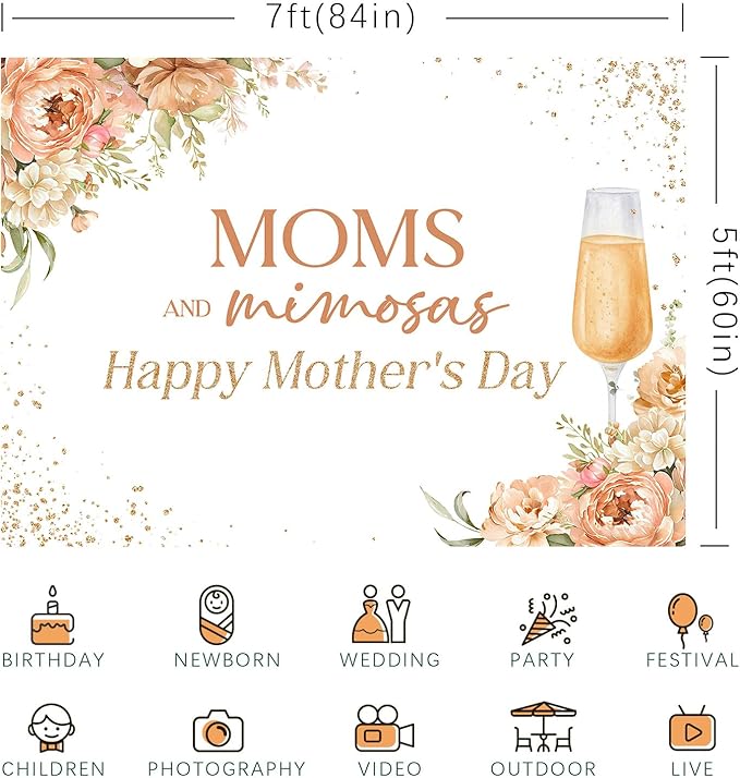Happy Mother's Day Backdrop Moms and Mimosas Champagne Glass Blush Pink Floral Photography Background Mother's Day Brunch Party Decoration Supplies Banner Photo Booth Studio Props 7x5ft