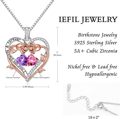 Iefil Rose Heart Double Birthstone Necklace Gifts for Wife Her Mom Women, Birthstone Jewelry Gemstone Birthday Gifts for Girlfriend Grandma Her Wife Women