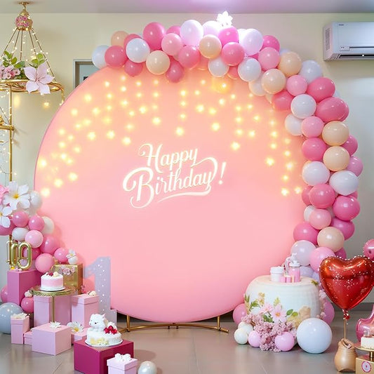 7.2 FT Pink Round Backdrop Cover with Lights String for Circle Arch Stand Circle Backdrop Covers with LED Fairy Lights for Wedding Baby Shower Girls Birthday Party Photo Shoot Photography Background