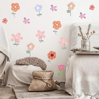 90PCS Pastel Floral Wall Decals – 10 Sheets Peel & Stick Vinyl Wall Stickers (Sizes 2.2"-4.5"), Pastel Removable Boho Aesthetic Flower Wall Art for Nursery, Kids Girls Bedroom, Dorm & Home Decor