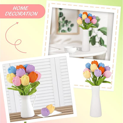 TLY 10 Pcs Crochet Tulips Flowers Artificial Flowers Bouquet Finished Handmade Knitted Tulip Bouquets with Leaf and Long Stem for Home Centerpieces Decor Valentine's Day Wedding Anniversary