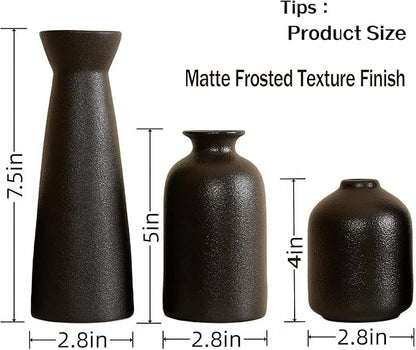 Black Ceramic Vase Set of 3,Small Boho Vase for for Decor,Matte Frosted Texture Finish,Modern Rustic Farmhouse Home Decor,Decorative vase for Pampas Grass&Dried Flowers,Shelf,Table,Mantel,Entryway