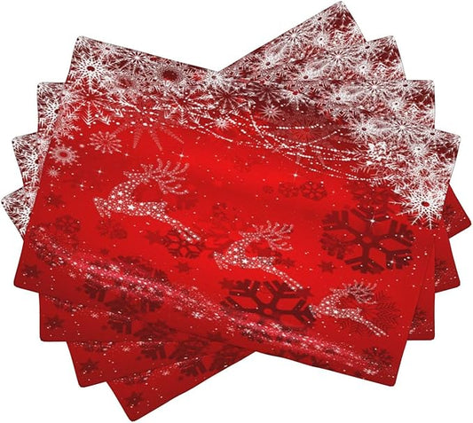Christmas Elk Placemats Cartoon Red Festive Christmas Snowflake Gift Bell Beautiful Deer Placemats Table Kitchen Dining Party 12x18 Inch Set of 6