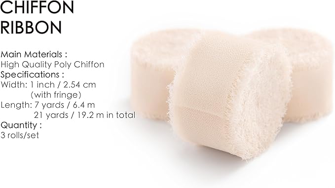 Vitalizart Light Nude Chiffon Silk Ribbon 1" x 21 Yd Fringe Fabric Package (3 Rolls * 7 Yd) for Wedding Invitations Bridal Bouquets Decorations Gifts Wrapping & Bow Making