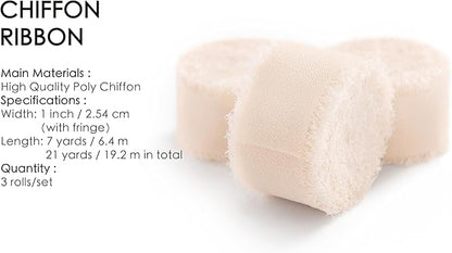 Vitalizart Light Nude Chiffon Silk Ribbon 1" x 21 Yd Fringe Fabric Package (3 Rolls * 7 Yd) for Wedding Invitations Bridal Bouquets Decorations Gifts Wrapping & Bow Making