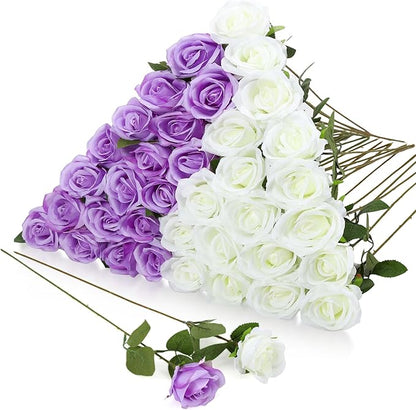36 Pcs Silk Purple White Rose Bouquet Bridal Artificial Flowers,Fake Rose Long Stem Realistic Flowers Bulk for Wedding Bouquet Ball Arrangement Centerpiece Party Decor