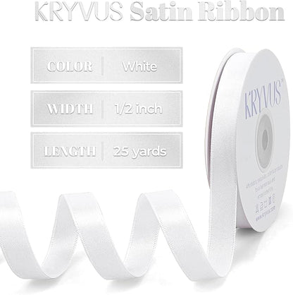 White Satin Ribbon, Double Faced 1/2 Inch X 25 Yards White Ribbon, Premium Satin Ribbon for Gift Wrapping, Crafts, Hair Bow Making, Sewing, Flower Bouquet, Wedding Party Decor