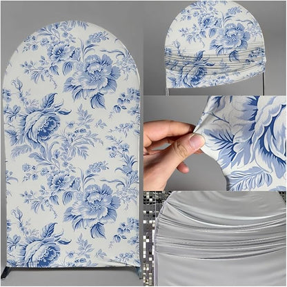 Blue Toile Arch Backdrop Vintage Floral French Toile Style Backdrop Elegant Blue and White Botanical for Wedding Baby Shower Classic European Party Decor Photography Background (G4224,7.2FT)
