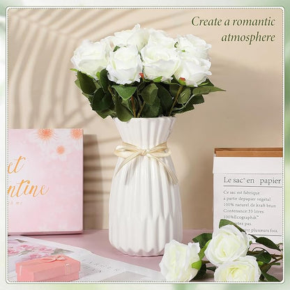 Hotop 20 Pcs Artificial Rose Flowers with Long Stem,Real Touch Silk Realistic Plastic Bouquet Roses Bulk for Home Decor Bridal Wedding Party Table Centerpieces Decorations(White)