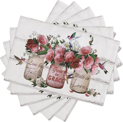 Rose Flower Placemats Set of 6 Farmhouse Peony Floral Table Mats Washable Place mats for Home Party Indoor Kitchen Dining Table Decoration 12x18 Inch