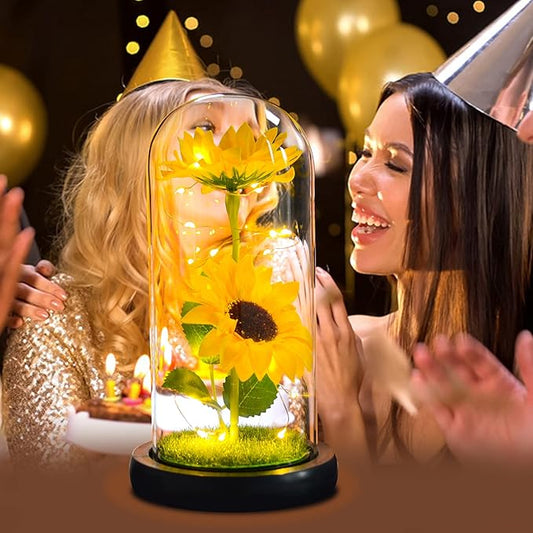 QUELIEN Sunflower Gift for Women,Sun Flowers Home Decor,Preserved Sunflower Bouquet in Glass Dome,Birthday Gifts for Her Mom