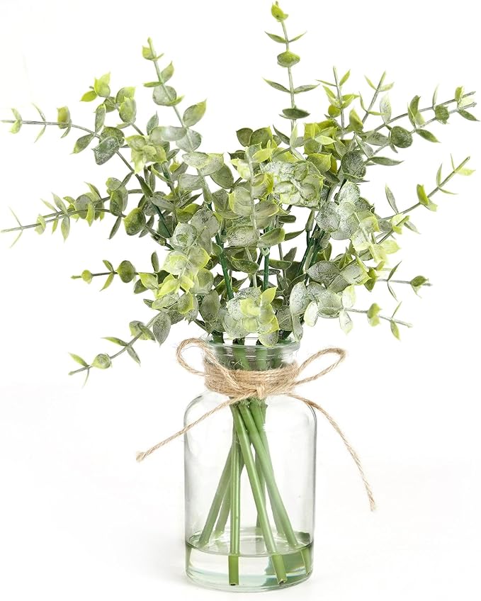 Artificial Eucalyptus Stems in Glass Vase with Faux Water,7Pcs Fake Plant for Centerpiece Bathroom Farmhouse Room Home Decor (Sage Green Eucalyptus)