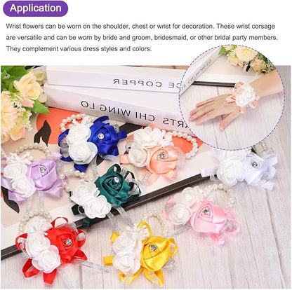 MECCANIXITY 8Pcs Wrist Corsage Artificial Flower Bracelets Rose Wrist Bride Groom Decorative for Wedding Ceremony Prom Party Anniversary Purple