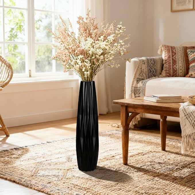 Tall Black Floor Vase – 24" Twisted Geometric Ceramic Vase for Modern Home, Living Room, Table Centerpiece or Corner Decoration