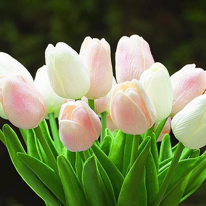 ENOVA FLORAL 20 Heads Real Touch Artificial Tulips Flowers in Vase, Mixed White and Pink Tulips Flower Arrangements with Vase and Faux Water for Home Wedding Decor, Dining Table (White Pink)