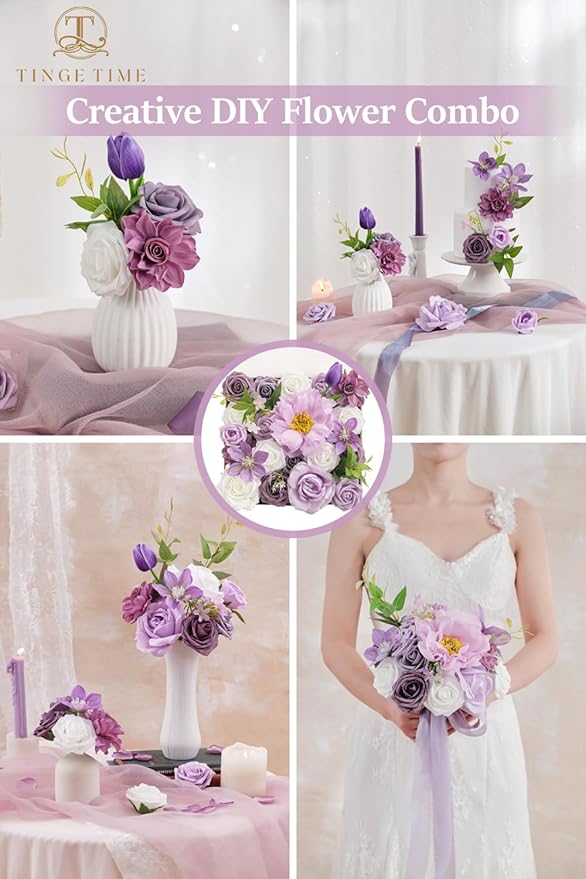 TINGE TIME Artificial Flowers Paisley Purple & White Flower Combo for DIY Wedding Bouquets Table Centerpieces Arrangements Party Baby Shower Home Decorations