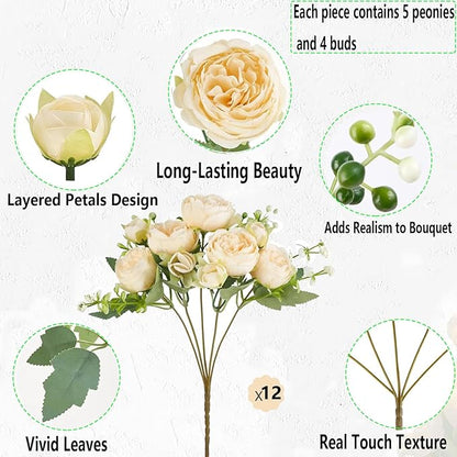 Peonies Artificial Flowers 12 Bundles Pink Flowers Bouquet, Lifelike Silk Fake Peonies with Stems for Home Table Centerpieces, Wedding, Party & DIY Bridal Floral Arrangements (Champagne)