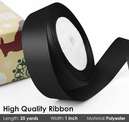 25 Yards 1 inch Satin Ribbon, Solid Color Fabric Ribbon Perfect for Gift Wrapping, Wedding, Handmade Bows, Floral Bouquets and Party Decoration(Black)