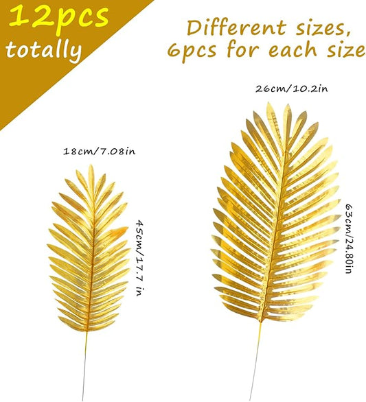CCINEE 12 PCS Golden Artificial Palm Leaves, Assorted Sizes Faux Large Palm Fronds Fake Tropical Plant Simulation Safari Leaves with Stems for Home Hawaiian Luau Party Jungle Beach Theme Party