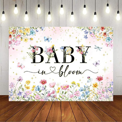 Mocsicka Wildflower Backdrop Baby in Bloom Floral Baby Shower Decorations Girls Butterfly Golden Dot A Little Wildflower is On The Way Decorations for Baby Shower Background Banner