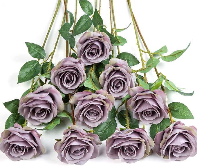 DuHouse 10pcs Fake Roses Artificial Silk Flowers Faux Rose Flower Long Stems Bouquet for Arrangement Wedding Centerpiece Party Home Kitchen Decor (Fall Purple)