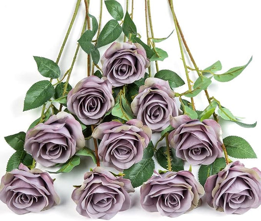 DuHouse 10pcs Fake Roses Artificial Silk Flowers Faux Rose Flower Long Stems Bouquet for Arrangement Wedding Centerpiece Party Home Kitchen Decor (Fall Purple)