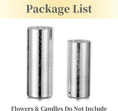 Glass Cylinder Vases Set of 2, Hewory Glittery Silver Vase for Centerpieces, Glass Hurricane Candle Holders for Pillar Floating Candle, Tall Round Vase for Wedding Anniversary Events Home Table Decor