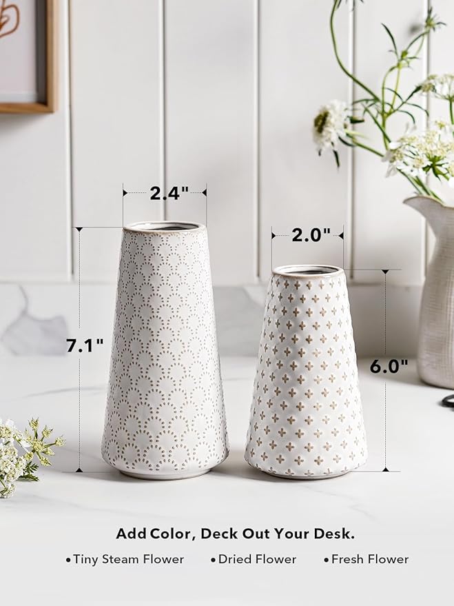 Ceramic Vase for Decor, 6 Inch+7.1 Inch White Flower Vase for Lego Flowers, Tulip and Pampas Grass, Embossed Farmhouse Vases for Centerpieces,Home Living Room Dining Table Office Decor, Arctic White