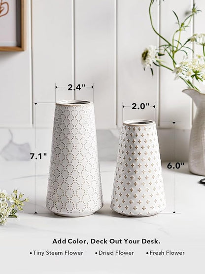 Ceramic Vase for Decor, 6 Inch+7.1 Inch White Flower Vase for Lego Flowers, Tulip and Pampas Grass, Embossed Farmhouse Vases for Centerpieces,Home Living Room Dining Table Office Decor, Arctic White