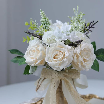 Wedding Bouquets for Bride Bridesmaid,White Champagne Artificial Roses Flowers for Wedding Church Decoration (7.5in)