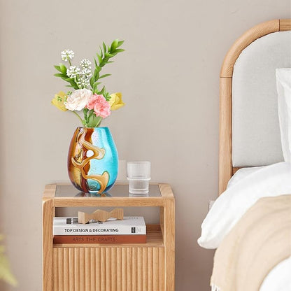 Pretty Hand Blown Glass Vase, Colored Glass Flower Vases Home Decor, Amber and Teal Decorative Murano vase for Living Room Office Bedroom Coastal Table Centerpieces Gift