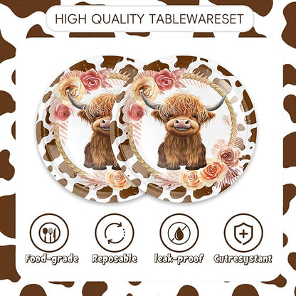48pcs Highland Cow Party Decoration Set,16 Dessert plate,16 Napkin And 16 Fork,16 persons Highland Cow Baby Shower Disposable tableware,Used Holy Cow Baby Boy Birthday Party Supplies