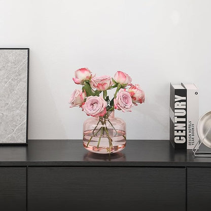 Pink Glass Vase, Short Flower Vase, Round Glass Vases for Flowers, 6 Inch Small Glass Vases for Living Room, Dining Table, Wedding, Bookshelf, Office, Coffee Table