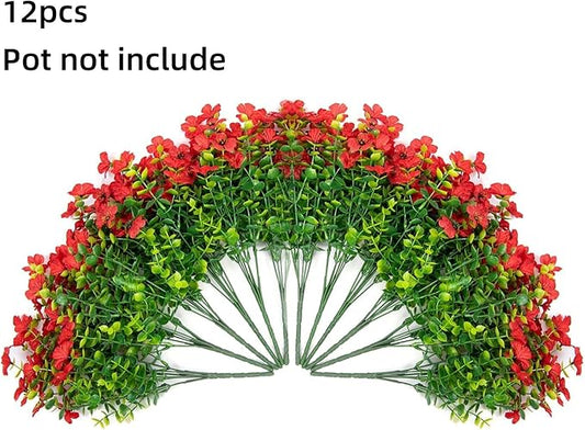 HyeFlora Artificial Flowers for Outdoor Indoor Garden Home Decoration, Faux Flower Daisy with Eucalyptus Leaves Fake Plants Greenery Boxwood Porch Patio, 12 Bundles (Red)