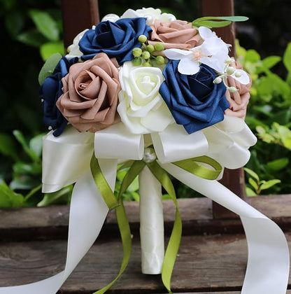 Lightweight Bridal Wedding Bouquet Round Holding Bouquet Throw Toss Artificial Rose Flower Bunch for Bride Bridesmaid Wedding Quinceanera (Cream, Navy & Rosy Brown, 6.7")