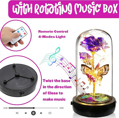 Birthday Rose Flower Gifts for Women, Mothers Day Glass Rose Gift for Mom from Daughter Son, Colorful Purple Rose in Glass Dome with Music Box, Light Up Rose in Dome for Her Wife Grandma