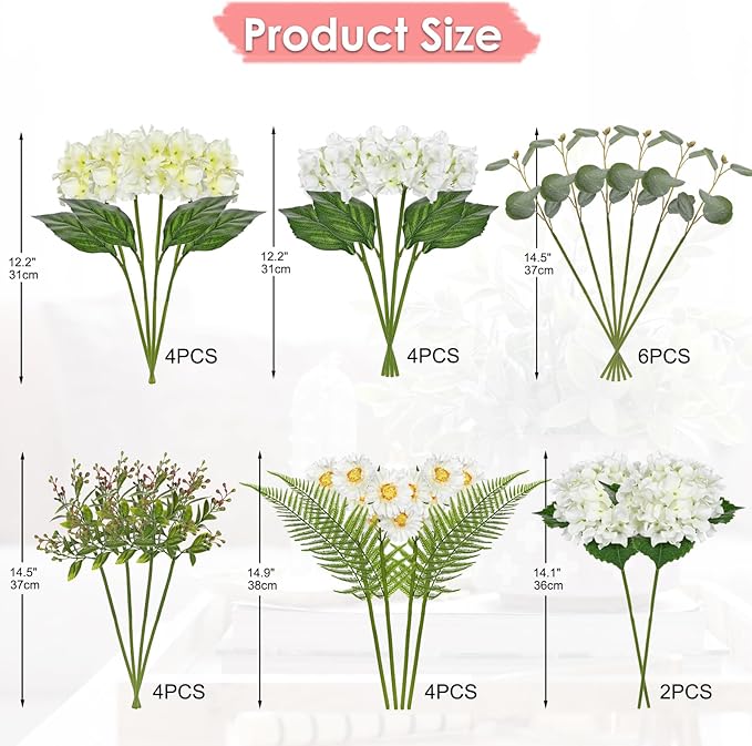 Hydrangea artificial Flowers 24PCS White Faux Flowers Fake Hydrangea Daisies Silk Arrangements Realistic Fake Flowers for Vase Floral Centerpiece Arrangements Wedding Bridal Bouquet Party Home Decor