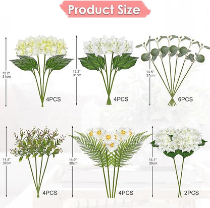 Hydrangea artificial Flowers 24PCS White Faux Flowers Fake Hydrangea Daisies Silk Arrangements Realistic Fake Flowers for Vase Floral Centerpiece Arrangements Wedding Bridal Bouquet Party Home Decor