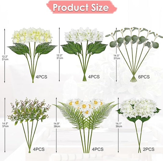 Hydrangea artificial Flowers 24PCS White Faux Flowers Fake Hydrangea Daisies Silk Arrangements Realistic Fake Flowers for Vase Floral Centerpiece Arrangements Wedding Bridal Bouquet Party Home Decor