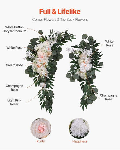 VEVOR Artificial Wedding Arch Flowers Kit, White Wedding Arch Flowers with Drapes Kit (Pack of 4) - 2 Pcs Floral Arrangement, 2 Pcs Sheer Drapes, for Ceremony Bouquets Reception Backdrop Decoration