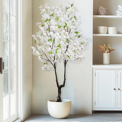Artificial Cherry Blossom Tree Faux White Flower Tree,6 FT Fake Cherry Blossom Tree Indoor Outdoor for Home Decor